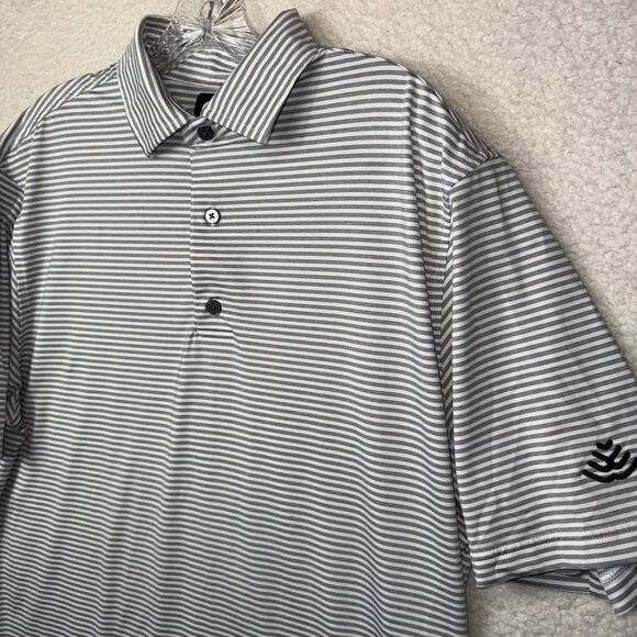 Foot Joy FJ Polo Shirt Mens Medium White Gray Stripe Stretch Performance Golf - Picture 1 of 9
